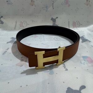 Hermes Reversible Brown Men's Belt With Gold H Shaped Buckle